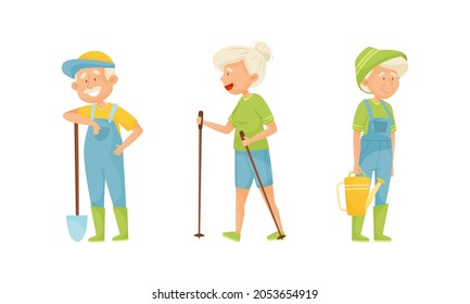 Set of elderly people enjoying various hobbies. Senior men and women gardening, doing nordic walking vector illustration