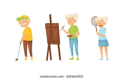 Set of elderly people enjoying various hobbies. Senior men and women playing golf, tennis and painting on easel vector illustration