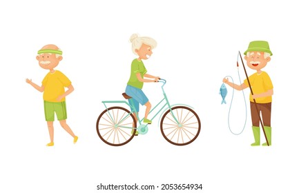 Set of elderly people enjoying various hobbies. Senior men and women running, cycling, fishing vector illustration