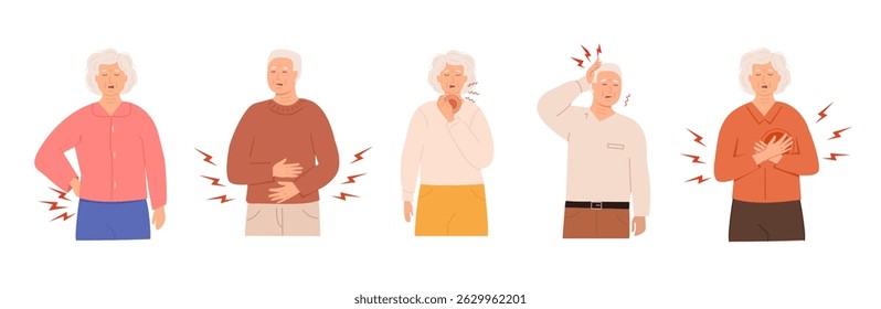 Conjunto de idosos que experimentam diferentes tipos de dor e desconforto com expressões dolorosas. Dor nas costas, dor de estômago, dor de garganta e no peito, dor de cabeça. Ilustração de vetor plana isolada em branco.