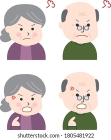 Set of elderly people getting angry. Vector illustration isolated on white background.