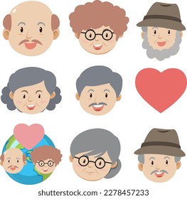 Set of elderly people head cartoon illustration