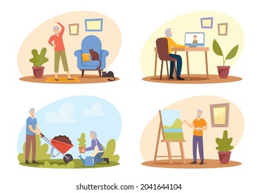 Set Elderly People Hobby. Old Male and Female Characters Sport Exercising, Painting, Gardening and Communicate by Internet Connection. Aged Men and Women Activities. Cartoon Vector Illustration