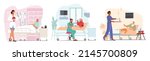 Set of Elderly People Hospitalization Medical Concept. Senior Diseased Male and Female Characters Lying in Bed at Clinic Chamber with Doctors or Nurses Care and Treatment. Cartoon Vector Illustration