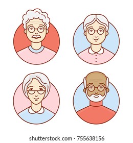 The set of elderly people. Portrait of a pensioners. Avatar of the grandfathers and grandmothers. Vector linear illustration