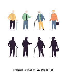 Set of elderly people with silhouettes. Collection of aged male characters standing in different poses. Grandfather, old persons isolated in white background. trendy flat vector illustration