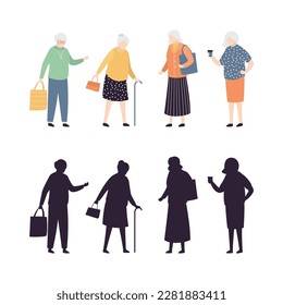 Set of elderly people with silhouettes. Collection of aged female characters standing in different poses. Grandmother, old persons isolated in white background. Cute grandparents. vector illustration