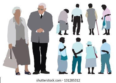 A set of elderly people silhouettes over white background.