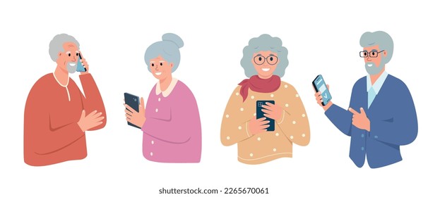 Set of Elderly People with smartphones. Senior smiling men and women holding phone for communication, chatting, read news and write messages in social media app. Vector illustration.