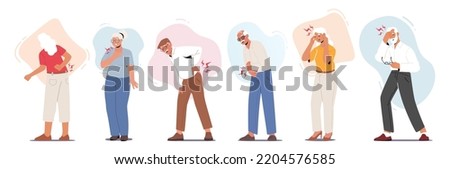 Set Elderly People Suffer of Ache in Different Body Parts Back, Head, Arms and Heart. Senior Characters Feel Pain. Health Problem, Disease Symptoms and Body Sickness. Cartoon Vector Illustration