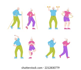 Set of elderly people take exercise. Seniors do different activities. Vector flat illustration isolated on white background