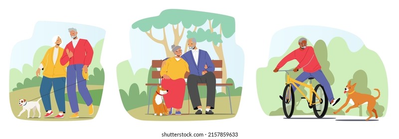 Set of Elderly People Walk with Dog in Park. Aged Male and Female Characters Couple Relaxed Promenade, Sitting on Bench, Riding Bicycle with Pet at Summer City Garden. Cartoon Vector Illustration