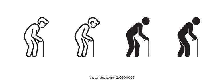 Set of elderly people walking with canes icon in outline and solid style perfect for healthcare senior care and retirement concepts