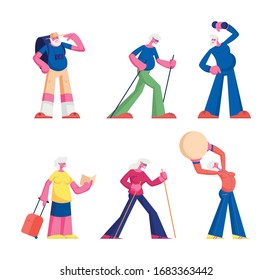 Set of Elderly People Workout with Dumbbells and Ball. Aged Characters Engage Sport Outdoors. Seniors Hiking, Traveling and Training Open Air, Pensioners Healthy Lifestyle. Cartoon Vector Illustration