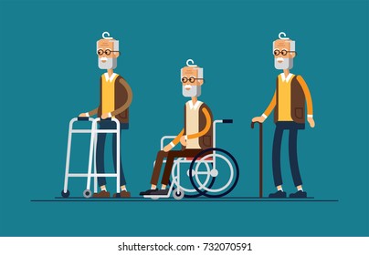 Set of elderly persons. Grandfather in a wheelchair and with walking stick and paddle walker. Vector illustration in a flat style. Elderly disabled men
