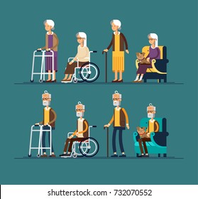 Set of elderly persons. Grandfathers and granfathers in a wheelchair and with walking stick and paddle walker. Vector illustration in a flat style. Elderly disabled people
