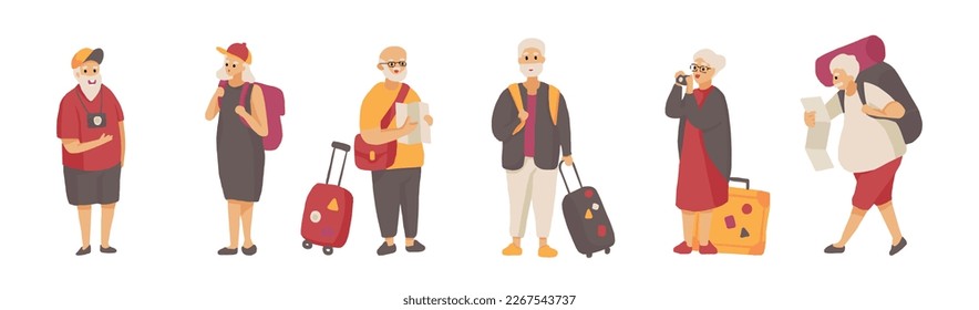 set of elderly tourist, senior traveler, enjoy retire life with luggage camera and handbag. isolated Vector illustration on white background