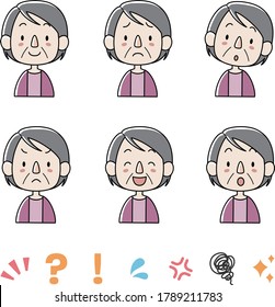 Set of elderly woman facial expression Icons. Smile, embarrassed, wondering, angry, laugh, surprised. 