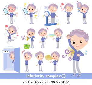 A set of elderly women in blue jerseys on inferiority complex.It's vector art so easy to edit.