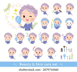 A set of elderly women in blue jerseys on beauty.There are various actions such as skin care and makeup.It's vector art so easy to edit.