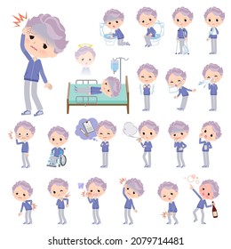 Un grupo de mujeres de edad avanzada con camisetas azules con lesiones y enfermedades. Es arte vectorial muy fácil de editar.