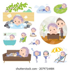 A set of elderly women in blue jerseys about relaxing.It's vector art so easy to edit.