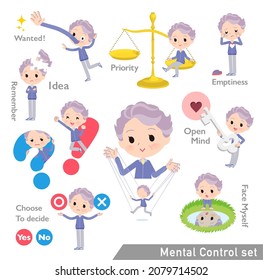 A set of elderly women in blue jerseys with mental control.It's vector art so easy to edit.