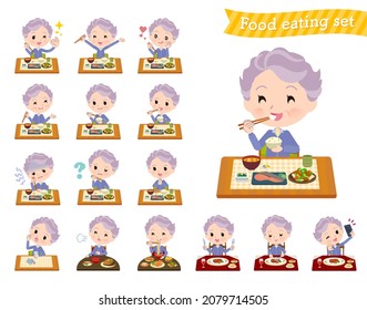 Un grupo de ancianas con camisetas azules sobre comidas. Es arte vectorial muy fácil de editar.