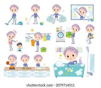 A set of elderly women in blue jerseys related to housekeeping such as cleaning and laundry.It's vector art so easy to edit.