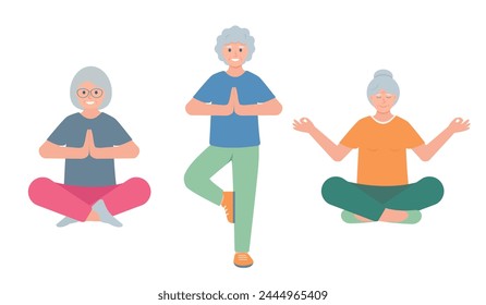 Set of elderly women doing yoga. Senior female characters in yoga position. Sport active healthy lifestyle concept. Vector cartoon or flat illustration isolated on white background.