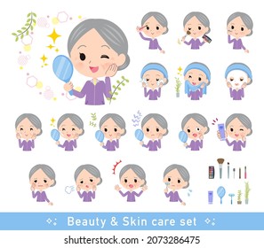 A set of elderly women in jerseys on beauty.There are various actions such as skin care and makeup.It's vector art so easy to edit.