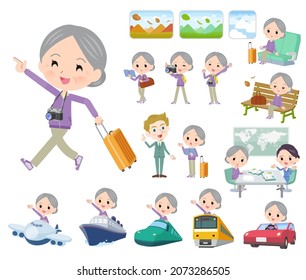 A set of elderly women in jerseys on travel.It's vector art so easy to edit.