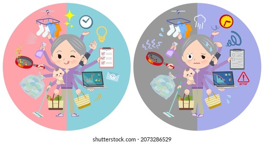 A set of elderly women in jerseys who perform multitasking in offices and private.It's vector art so easy to edit.