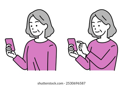 Set of elderly women looking at smartphone screens and elderly women operating smartphones