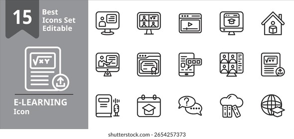 Conjunto de ícones do E-Learning. Ícones Contém aprendizagem, educação, classe, virtual etc. Elementos de design para seus projetos.