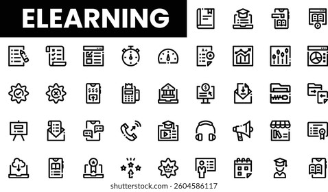 Set of eLearning icons representing various educational tools and resources.