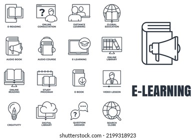 Set of E-learning, online education icon logo vector illustration. global education, study program, search globe, distance learning and more pack symbol template for graphic and web design collection