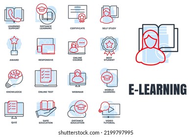 Set of E-learning, online education icon logo vector illustration. online course, mobile learning, certificate, award and more pack symbol template for graphic and web design collection