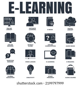 Set of E-learning, online education icon logo vector illustration. global education, study program, search globe, distance learning and more pack symbol template for graphic and web design collection