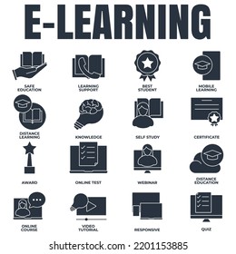 Set of E-learning, online education icon logo vector illustration. online course, mobile learning, certificate, award and more pack symbol template for graphic and web design collection