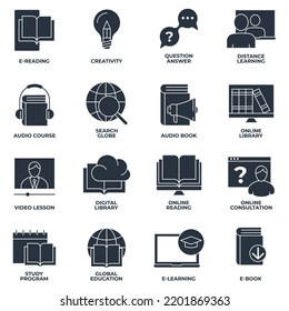 Set of E-learning, online education icon logo vector illustration. global education, study program, search globe, distance learning and more pack symbol template for graphic and web design collection