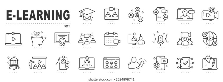 Set of e-learning related line icons. Education, online, seminar, conference etc. Editable stroke.