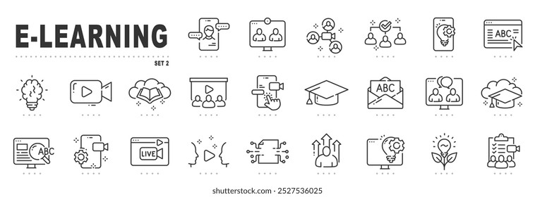 Conjunto de ícones de linha relacionados ao e-learning. Educação, on-line, seminário, conferência etc. Traçado editável. Conjunto 2