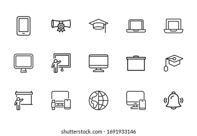 Set of E-learning related vector line icons. Premium linear symbols pack. Vector illustration isolated on a white background. Web symbols for web sites and mobile app. Trendy design. 
