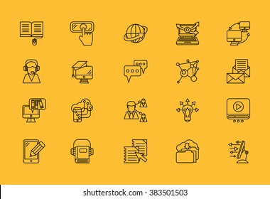 Set of e-learning thin, lines, outline, strokes icons. Elements of the process of communication in e-education student, teacher computer on yellow background. For web and mobile applications 