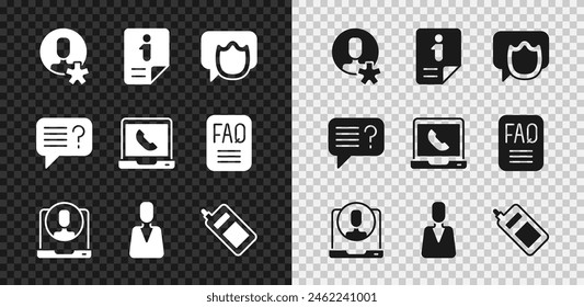 Set Elected employee, Information, Speech bubble chat, Telephone 24 hours support, Employee, Mobile, Unknown search and  icon. Vector