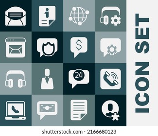 Set Elected employee, Telephone handset, 24 hours support, Global technology, Speech bubble chat, Mail e-mail,  and Paid icon. Vector