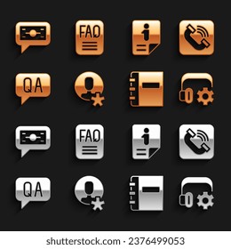 Set Elected employee, Telephone handset, Headphoneswith settings, Notebook, Question Answer, Information, Stacks paper money cash and FAQ information icon. Vector