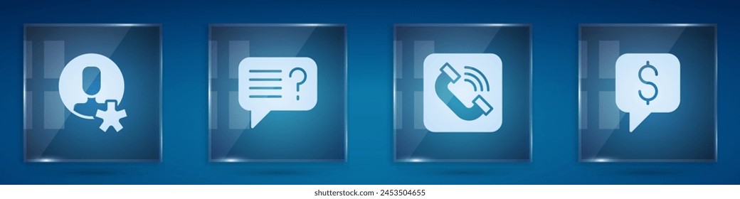 Set Elected employee, Unknown search, Telephone handset and Paid support. Square glass panels. Vector