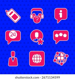 Set Elected employee, Worldwide, Global technology, Speech bubble chat, Employee, Telephone 24 hours support, Information and Mobile icon. Vector